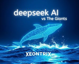 majestic digital whale fish jumping out of water made of glowing digital lines, symbolizing the powerful and evolving nature of AI.