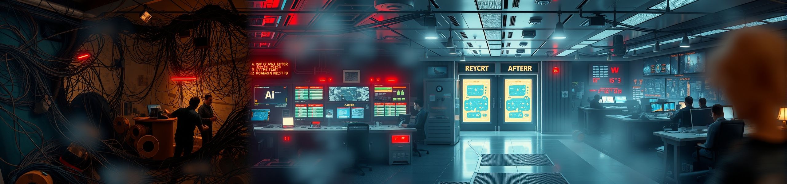 A split-view of a business control room transitioning from chaotic, overloaded systems to a calm, futuristic space powered by intelligent automation.