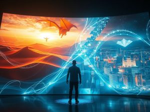 Abstract AI silhouette projecting vivid cinematic scenes from a glowing screen made of pixels and light.