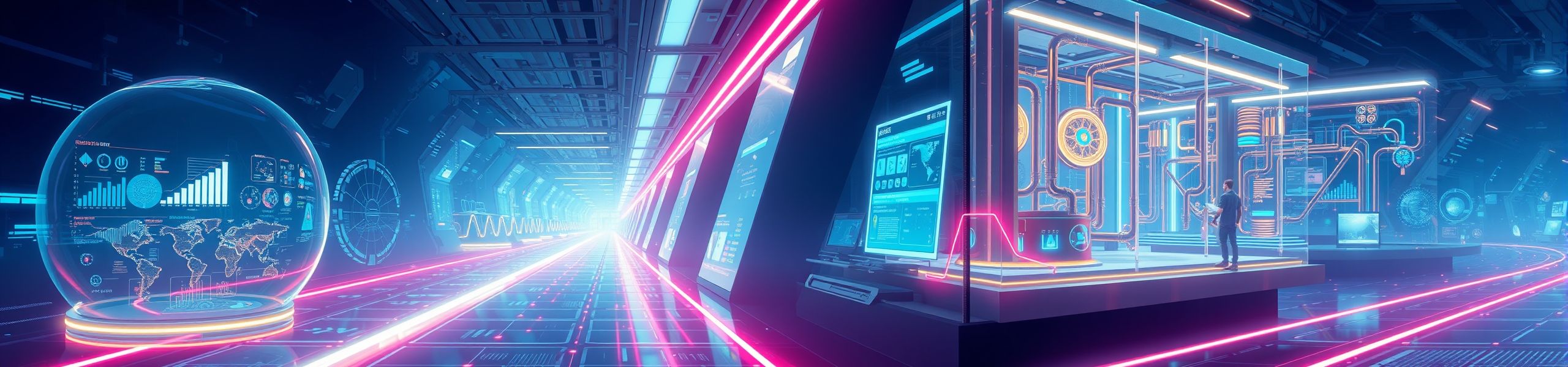 A three-stage futuristic pathway showing discovery, AI system design, and deployment — symbolizing the journey to full business automation.