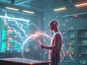 Futuristic workspace with a human and AI co-coding on a holographic terminal, building apps in real time.