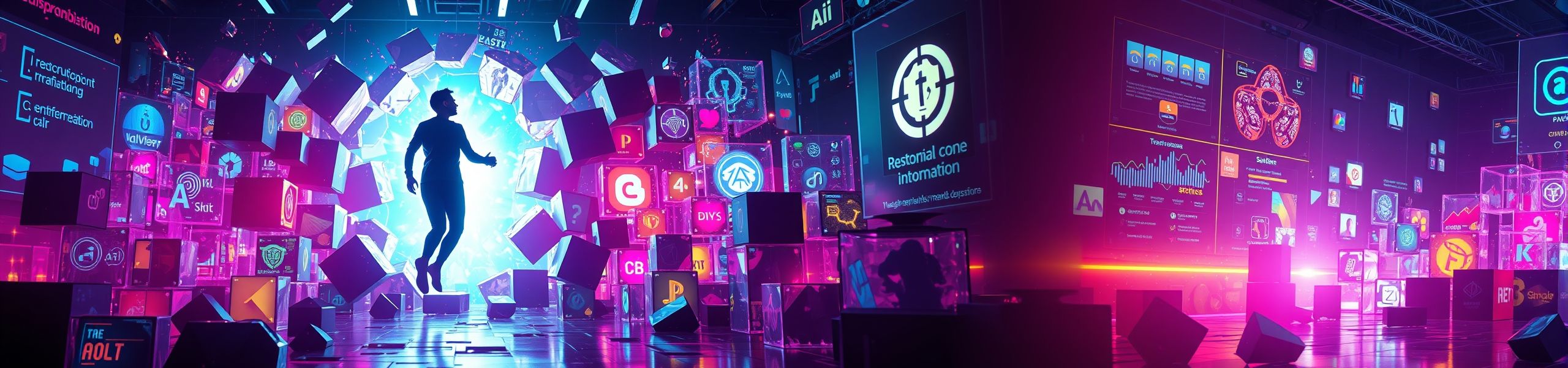 A glowing human figure breaking through creative barriers into a futuristic studio filled with holographic AI tools and digital brand elements, symbolizing the transformation of creative blocks into innovative branding with AI.