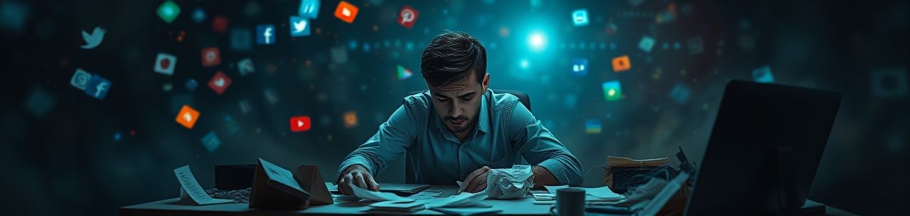 Overwhelmed marketer sitting at a cluttered desk, surrounded by a digital storm of social media icons and content, symbolizing creative burnout and intense online competition