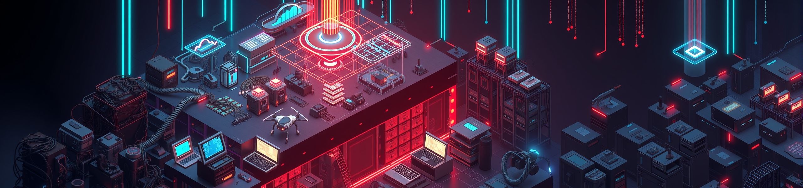 A dark, layered isometric scene showing the evolution from outdated legacy servers to a futuristic AI-powered infrastructure, with glowing data pipelines and integrated platforms.