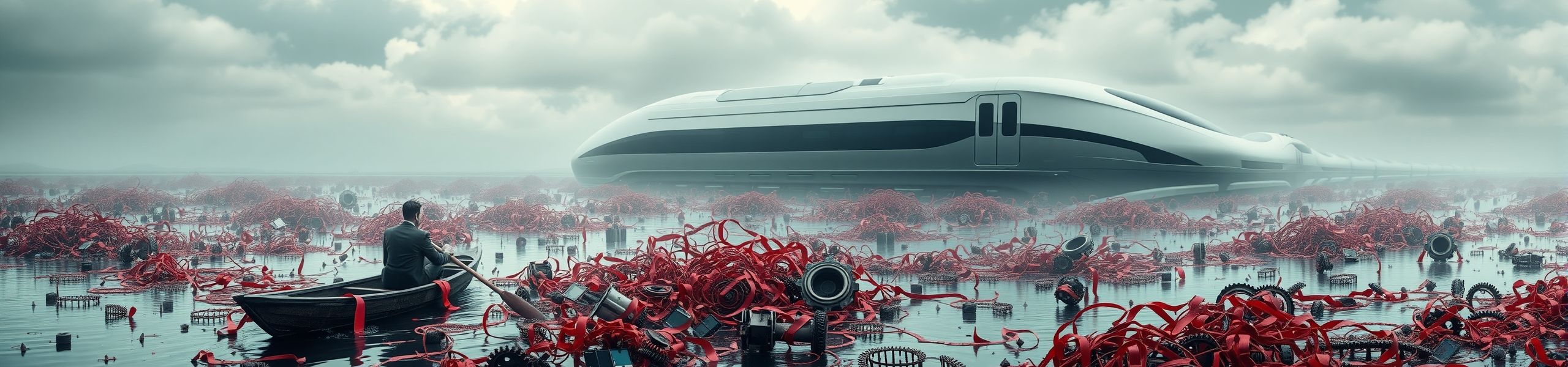 A businessperson slowly rowing a boat through a swamp filled with red tape, gears, and broken office tools, while a futuristic high-speed train rushes past above, symbolizing the contrast between inefficiency and automation