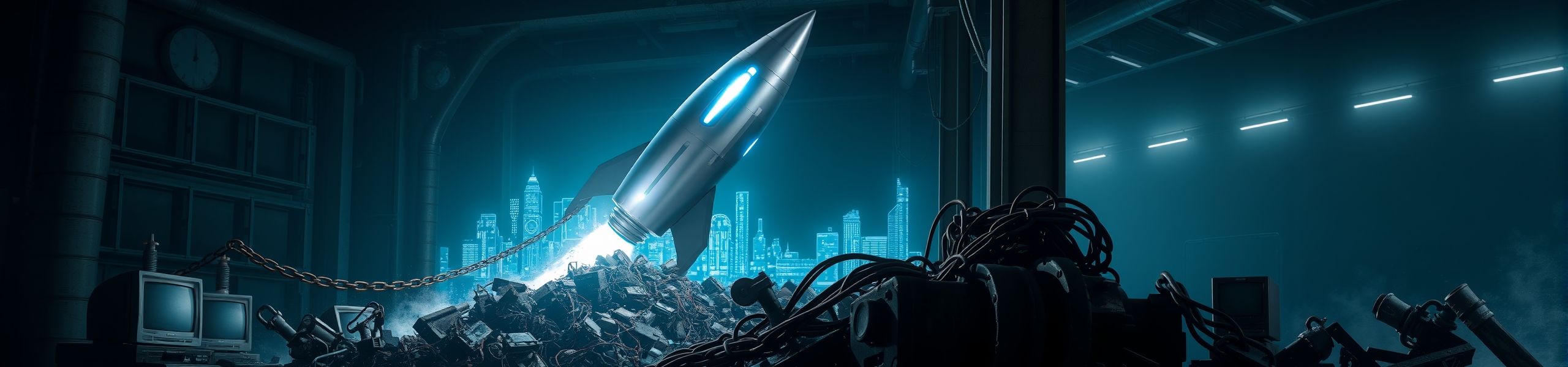A futuristic rocket held back by chains connected to outdated technology, symbolizing how legacy systems hinder business innovation and growth.