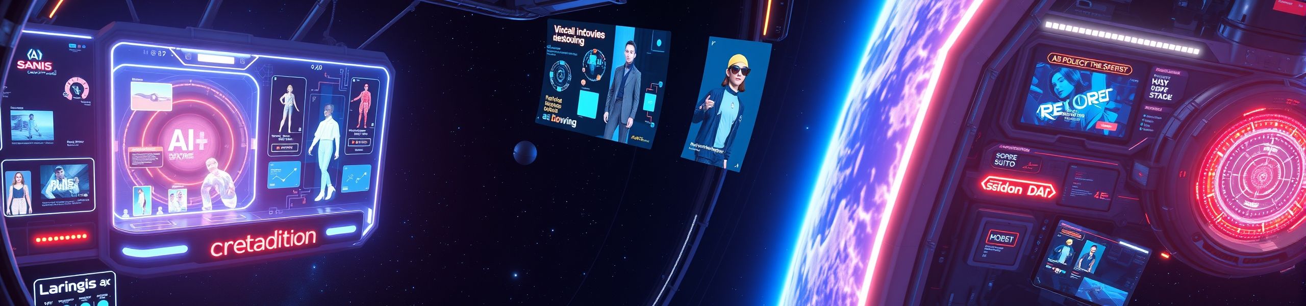 Futuristic AI-powered creative studio displaying product photography, virtual fashion try-ons, animated mascots, and video tools, symbolizing limitless branding possibilities through automation.