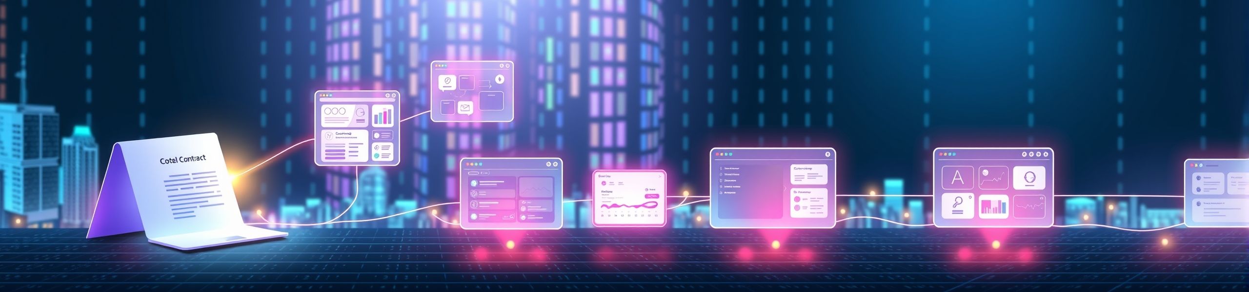 A glowing digital contract activates an interconnected web of floating software panels for CRM, project management, invoicing, and communication — visually representing automated client onboarding.